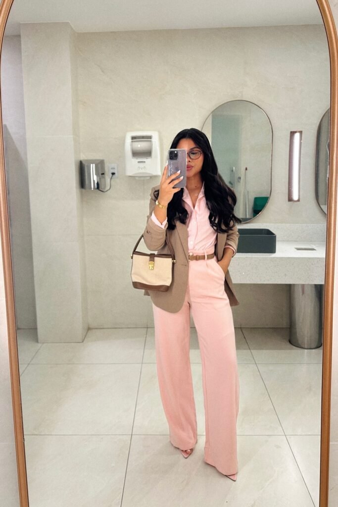 Tan Blazer + Pink Button-Down Shirt + Pink Wide-Leg Trousers + Tan Handbag