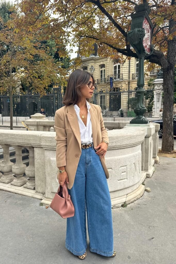Tan Blazer + White Button-Down Shirt + Wide-Leg Blue Jeans
