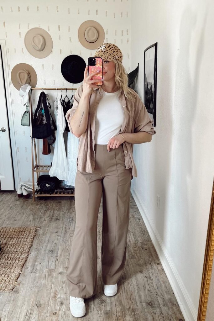Tan Button-Down Shirt + White Tee + Khaki Wide-Leg Trousers + White Sneakers