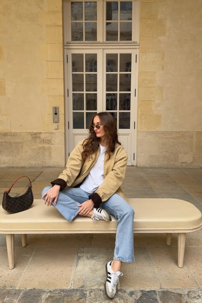 Light Wash Denim Shirt Dress + Tie Waist Detail + White Slip On Sneakers