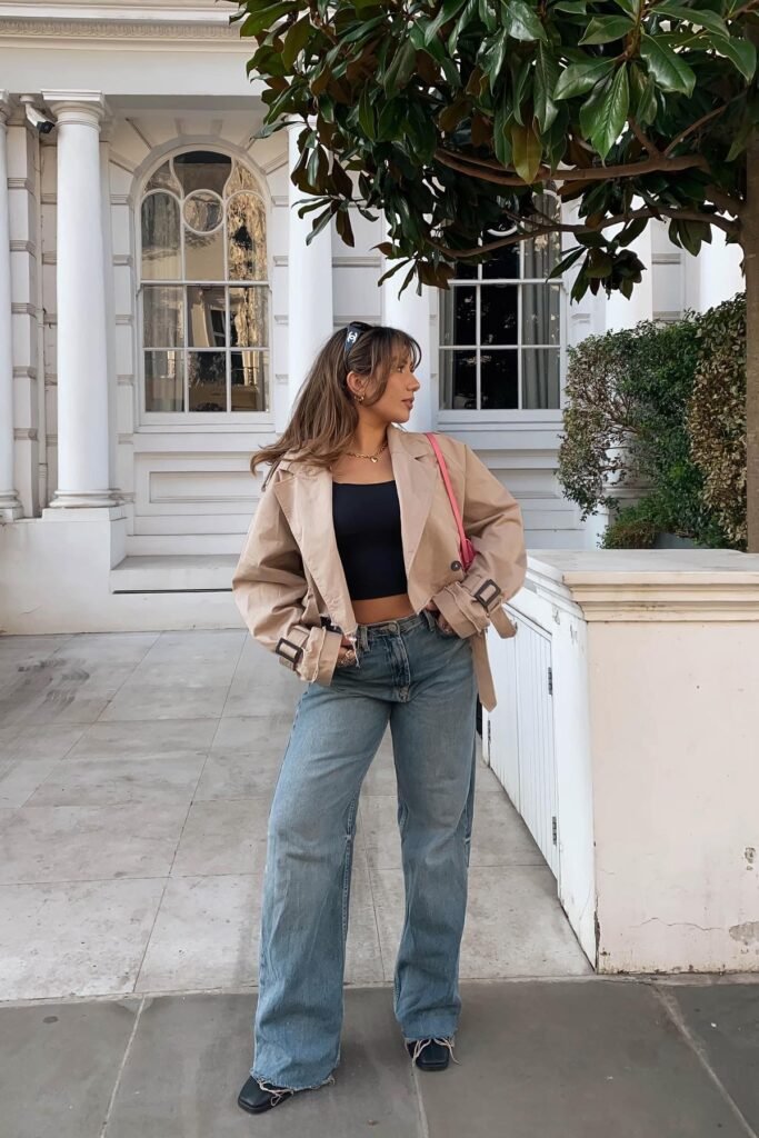 Tan Cropped Trench Jacket + Black Crop Top + Wide Leg Light Wash Jeans