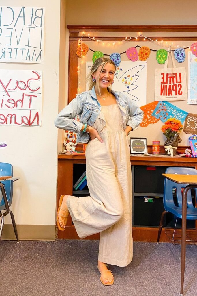 Tan Linen Jumpsuit + Light Wash Denim Jacket + Gold Strappy Sandals