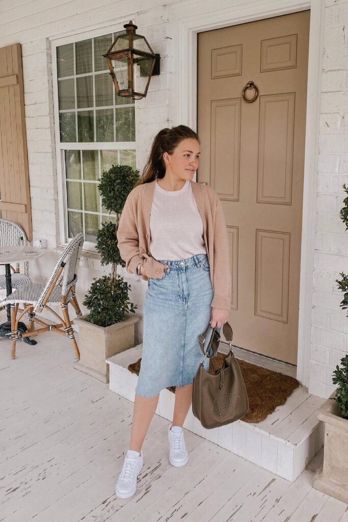 Tan Open Cardigan + White T Shirt + Light Wash Denim Midi Skirt + White Sneakers