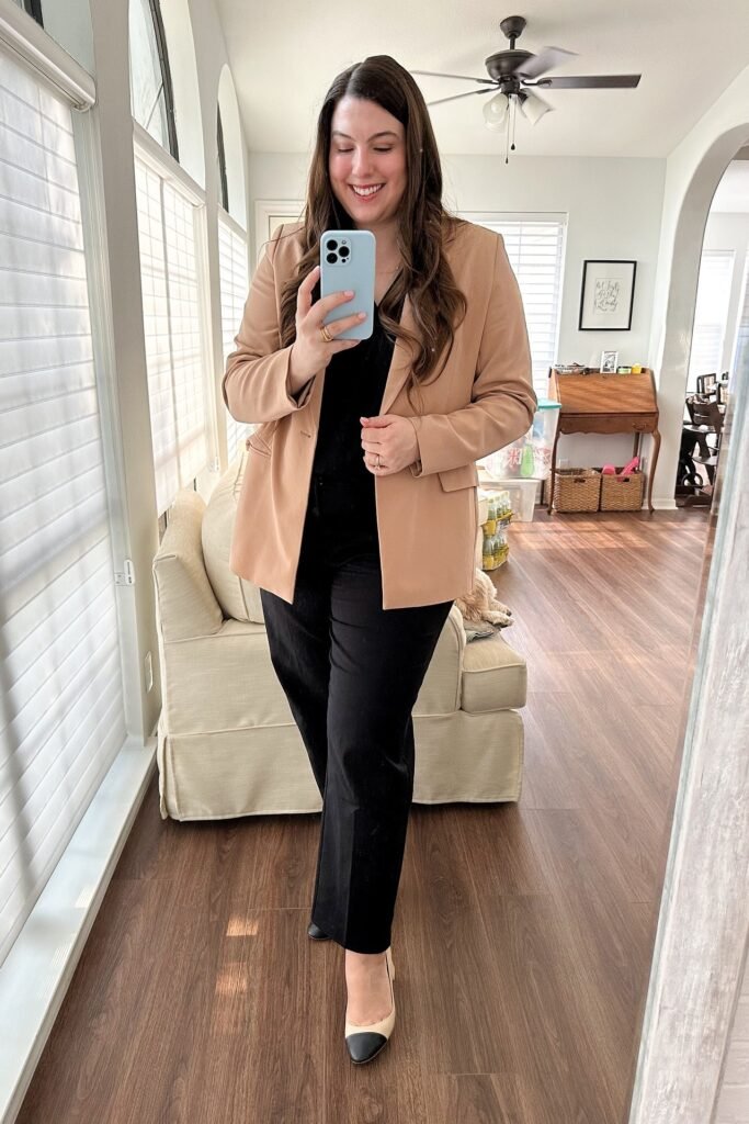 Tan Oversized Blazer + Black Inner Top + Black Straight-Leg Trousers + Beige and Black Cap-Toe Heels