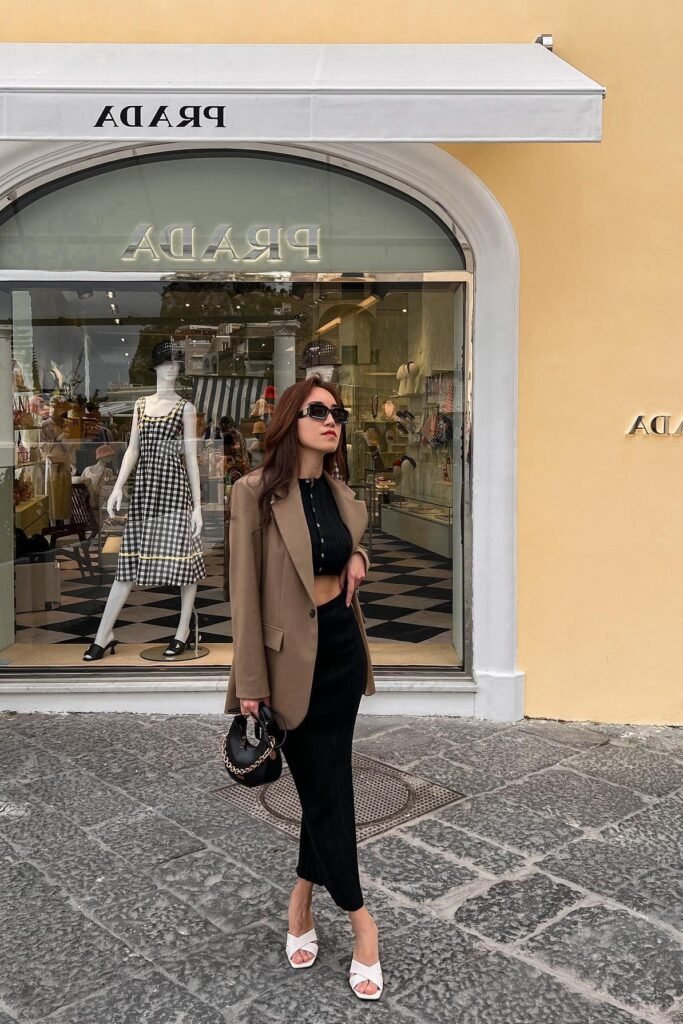 Tan Oversized Blazer + Black Ribbed Crop Top + Black Ribbed Midi Skirt + White Strappy Sandals