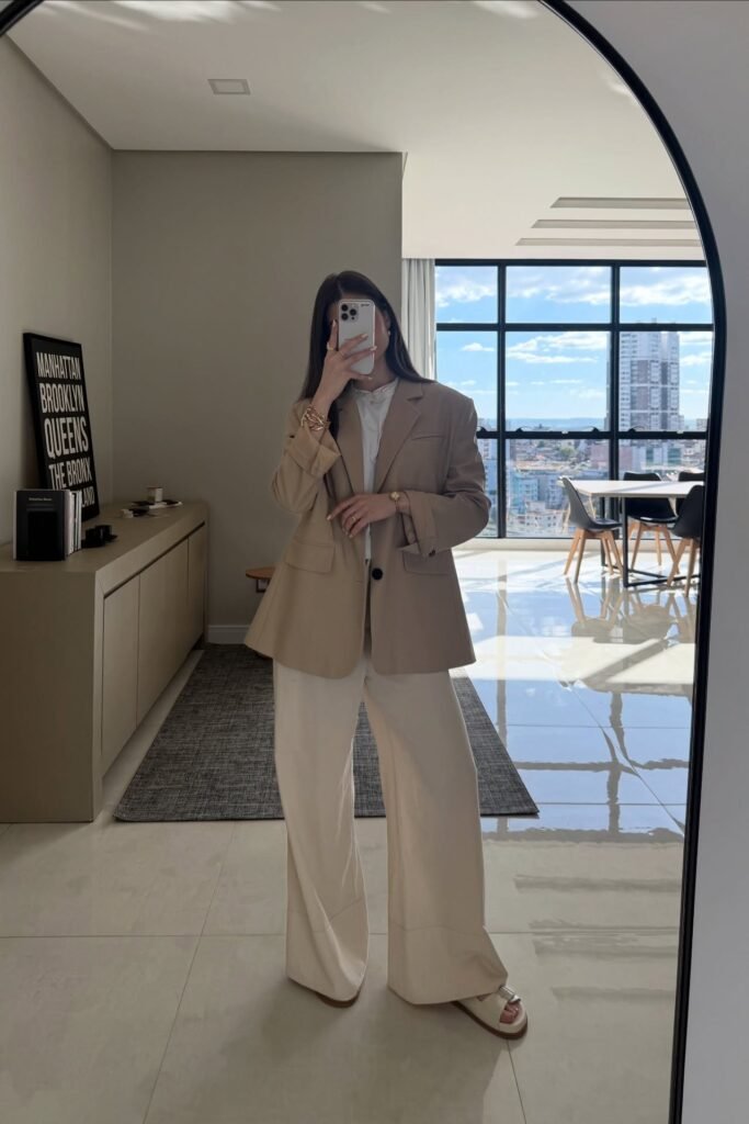 Tan Oversized Blazer + White T-Shirt + Cream Wide-Leg Trousers + White Slides
