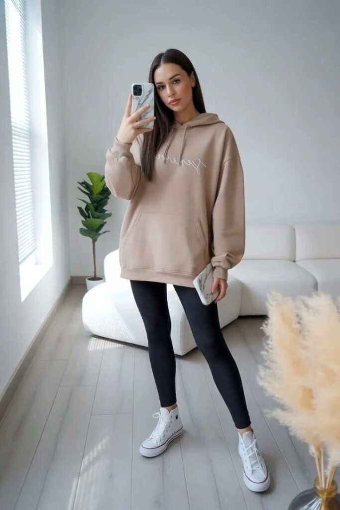 Tan Oversized Hoodie + Black Skinny Leggings + White High-Top Sneakers