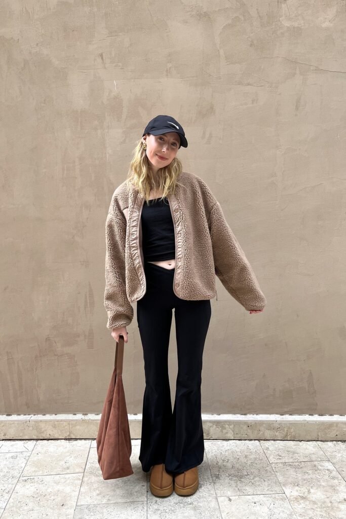 Tan Teddy Fleece Jacket + Black Crop Top + Black Flared Leggings + Tan Platform Boots