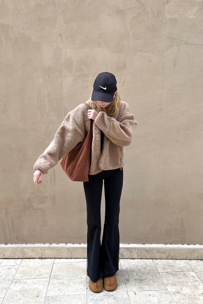 Tan Textured Fleece Jacket + Black Flared Leggings + Black Baseball Cap + Tan Platform Boots