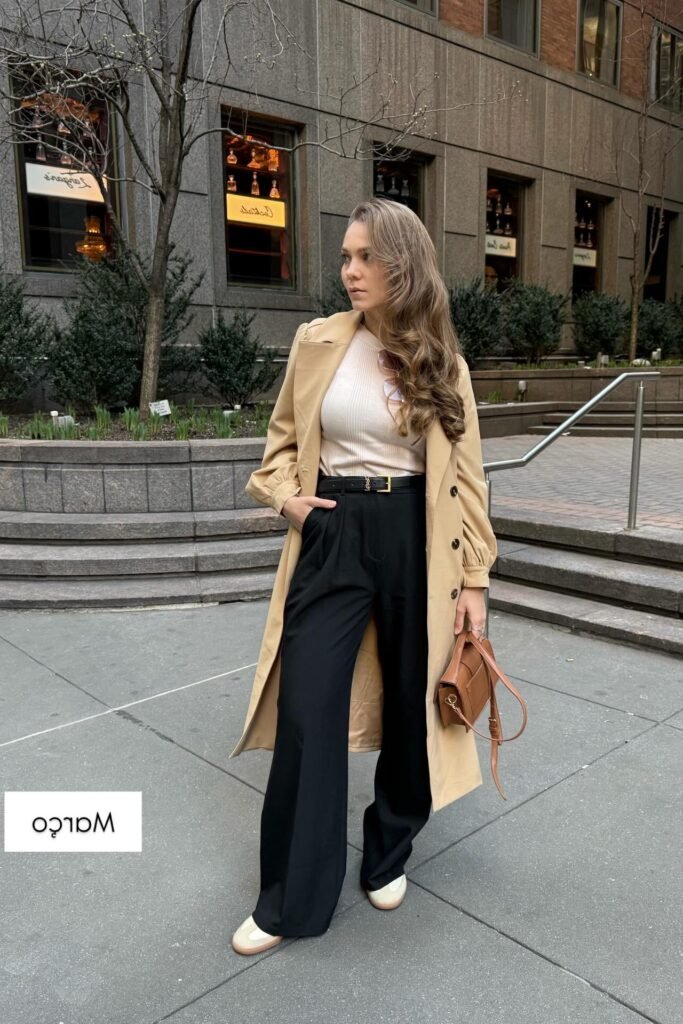 Tan Trench Coat + Beige Ribbed Top + Black Wide-Leg Trousers + Tan Leather Shoulder Bag