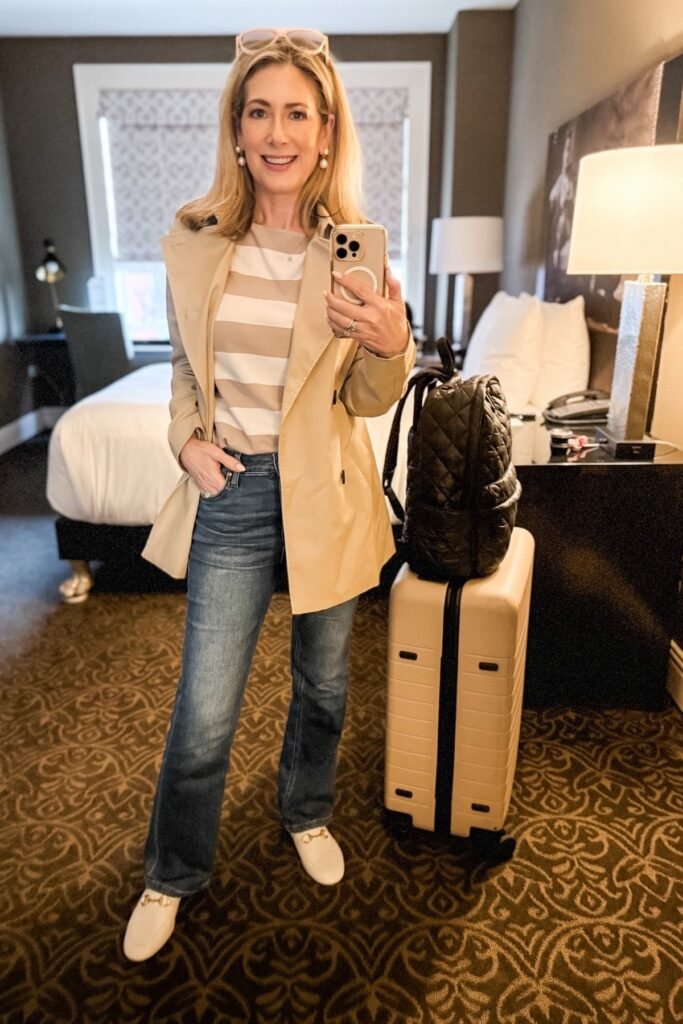 Cream Cropped Jacket + Beige Knit Set + White Platform Sneakers