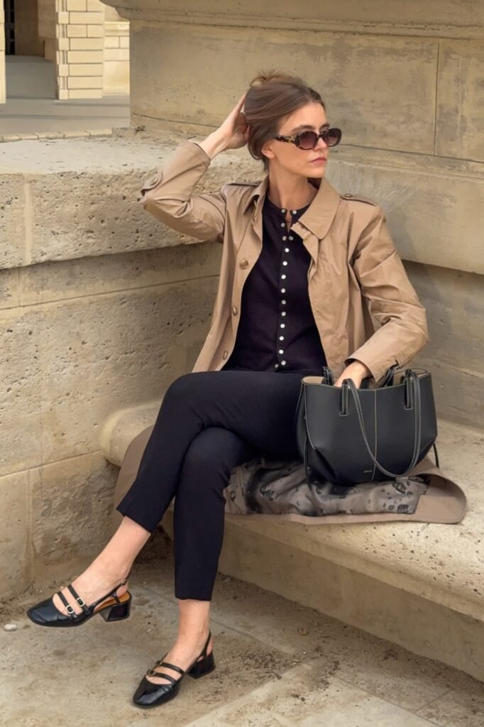 Tan Trench Coat + Black Button-Up Cardigan + Black Slim-Fit Trousers + Black Multi-Strap Mary Jane Heels
