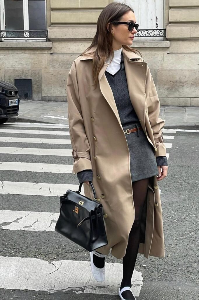 Tan Trench Coat + Grey Knit Vest & Skirt Set + Black Tights + White Mary Janes