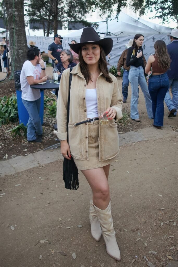 Tan Utility Jacket + White Crop Top + Tan Denim Mini Skirt + Beige Western Boots