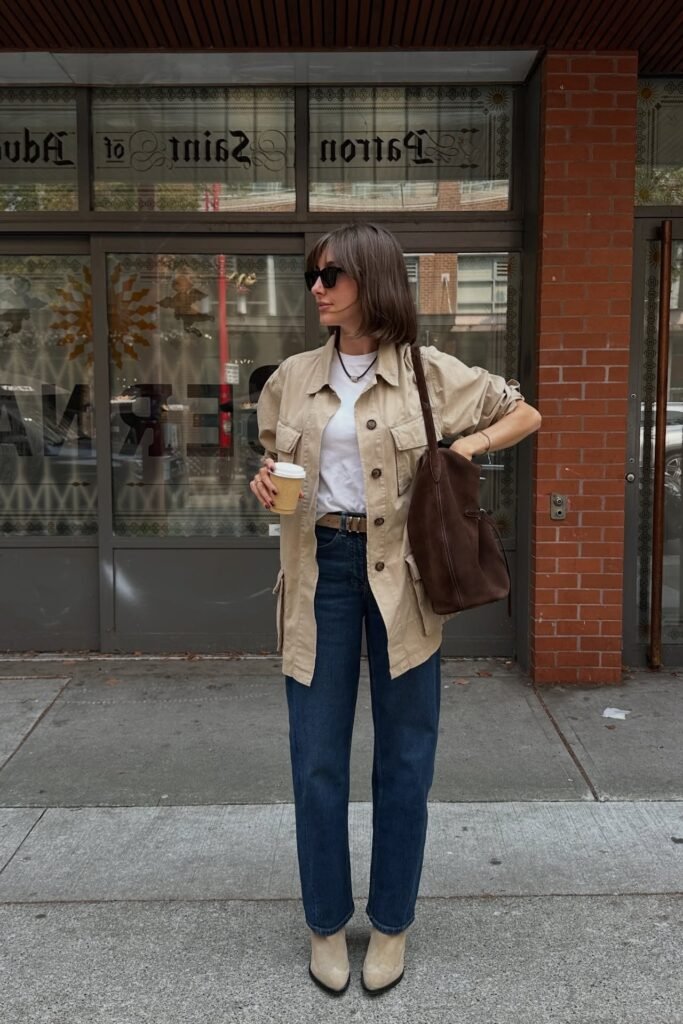 Tan Utility Overshirt + White T-Shirt + Dark Wash Straight Jeans + Beige Suede Boots