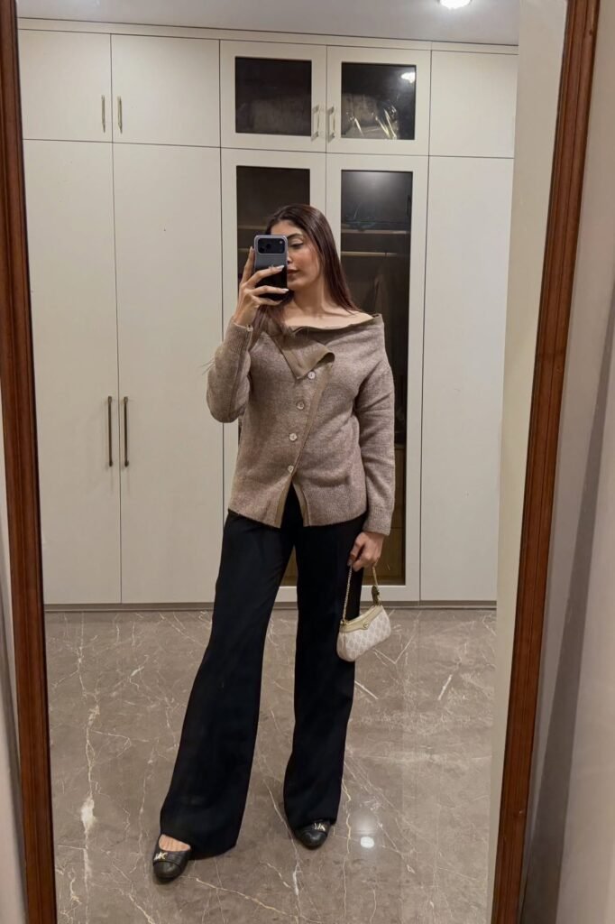 Taupe Asymmetrical Buttoned Cardigan + Black Wide-Leg Trousers + Black Pointed Flats