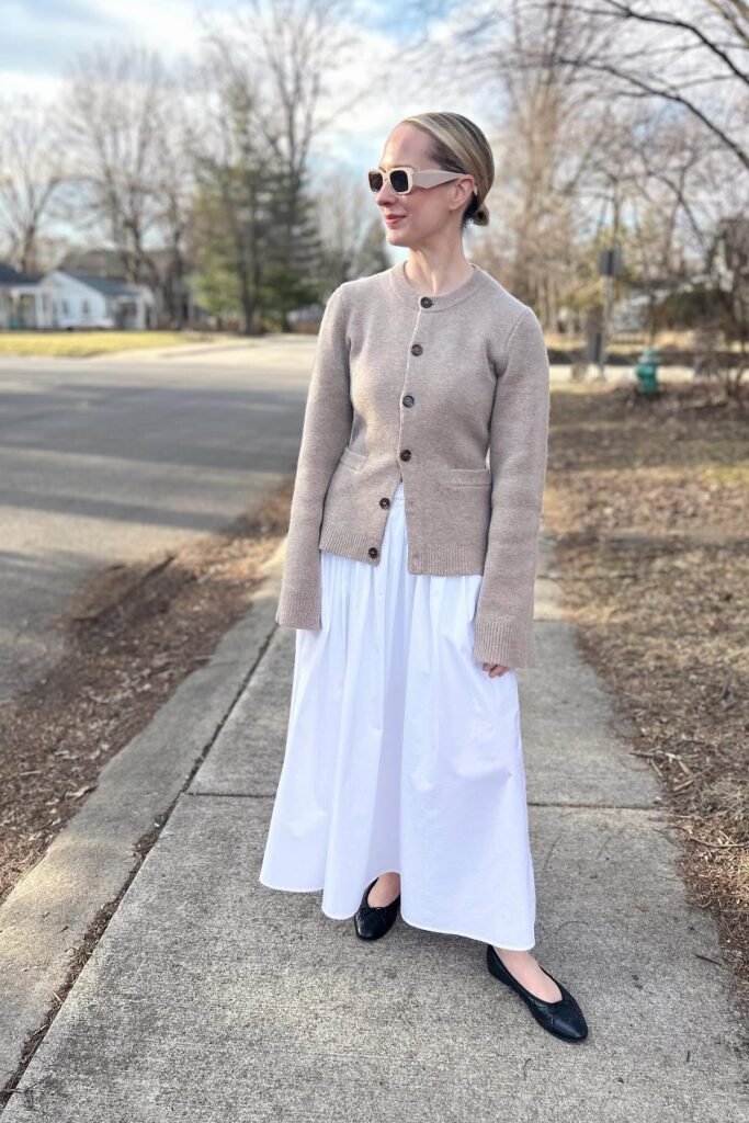 Taupe Button Up Cardigan + White Maxi Skirt + Black Ballet Flats