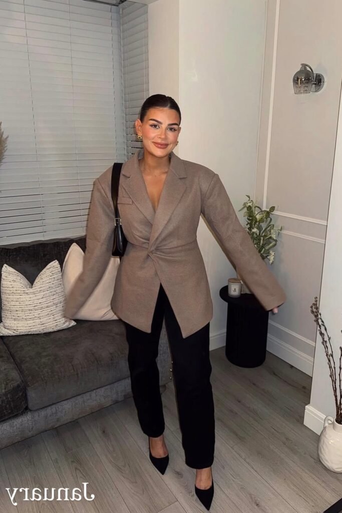 Taupe Cinched-Waist Blazer + Black Straight-Leg Trousers + Black Pointed Heels