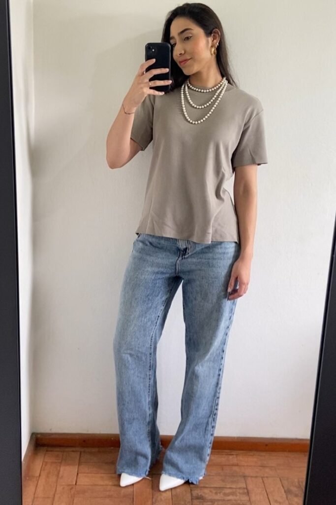 Taupe Crewneck T-Shirt + Light Wash Flare Jeans + Pearl Necklaces + White Pointed Heels