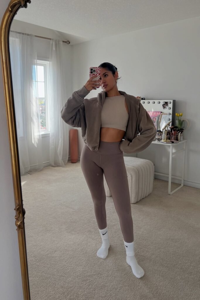 Taupe Cropped Zip-up Hoodie + Mauve Leggings + White Nike Socks