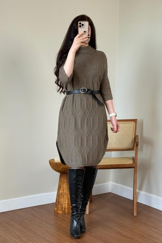 Taupe Diamond-Stitched Sweater Dress + Black Leather Belt + Black Knee-High Boots