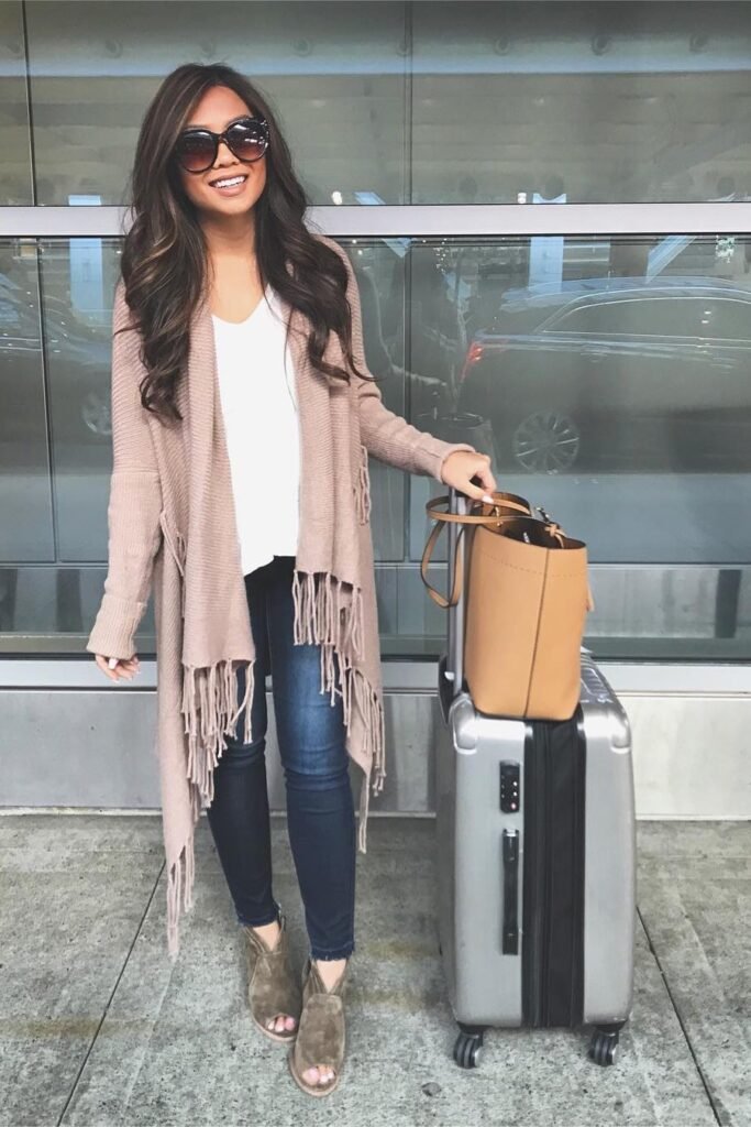 Taupe Fringed Cardigan + White V-Neck Top + Dark Wash Skinny Jeans + Taupe Peep-Toe Booties