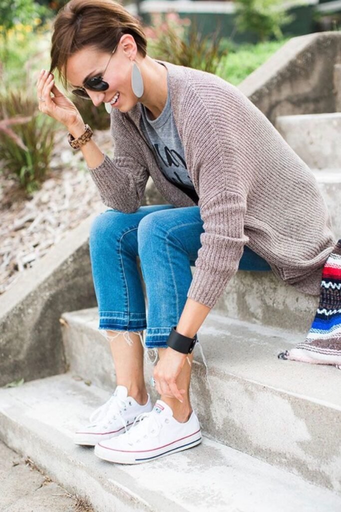 Taupe Knit Cardigan + Frayed Blue Crop Jeans + White Low-Top Sneakers