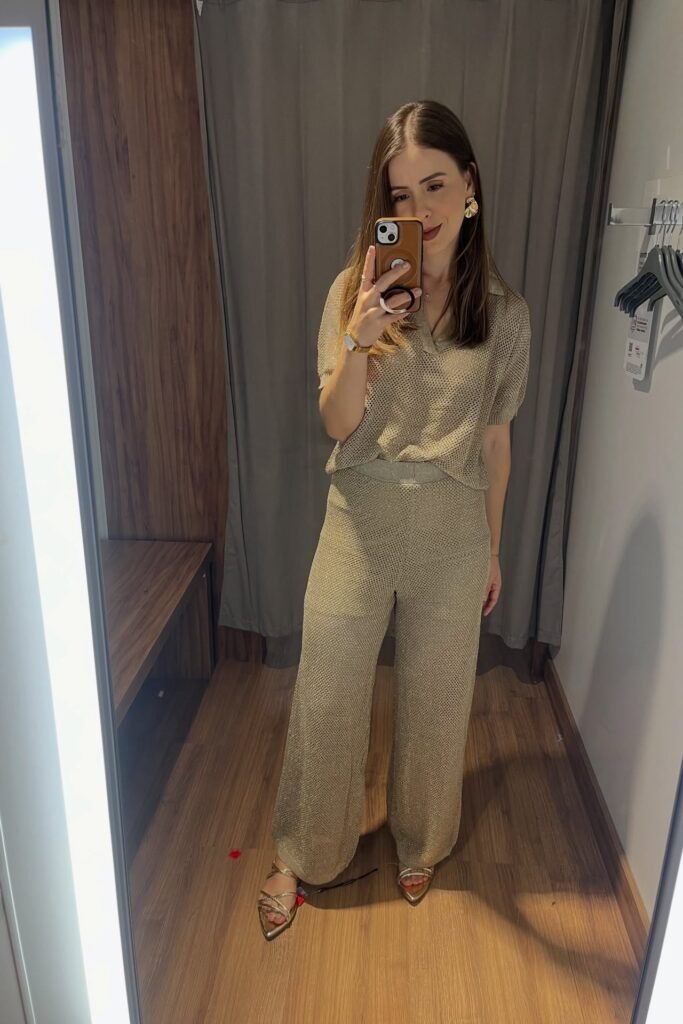 Taupe Metallic Knit Polo Top + Matching Knit Wide-Leg Trousers + Gold Strappy Sandals