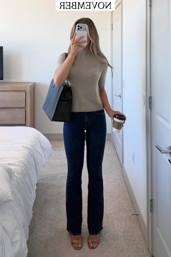 Taupe Mock-Neck Short-Sleeve Sweater + Dark Wash Bootcut Jeans + Nude Square-Toe Sandals