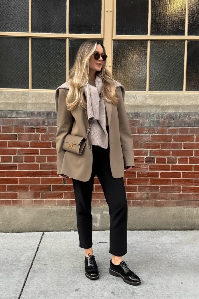 Taupe Oversized Blazer + Beige Shoulder Sweater + Black Cropped Trousers + Black Brogues