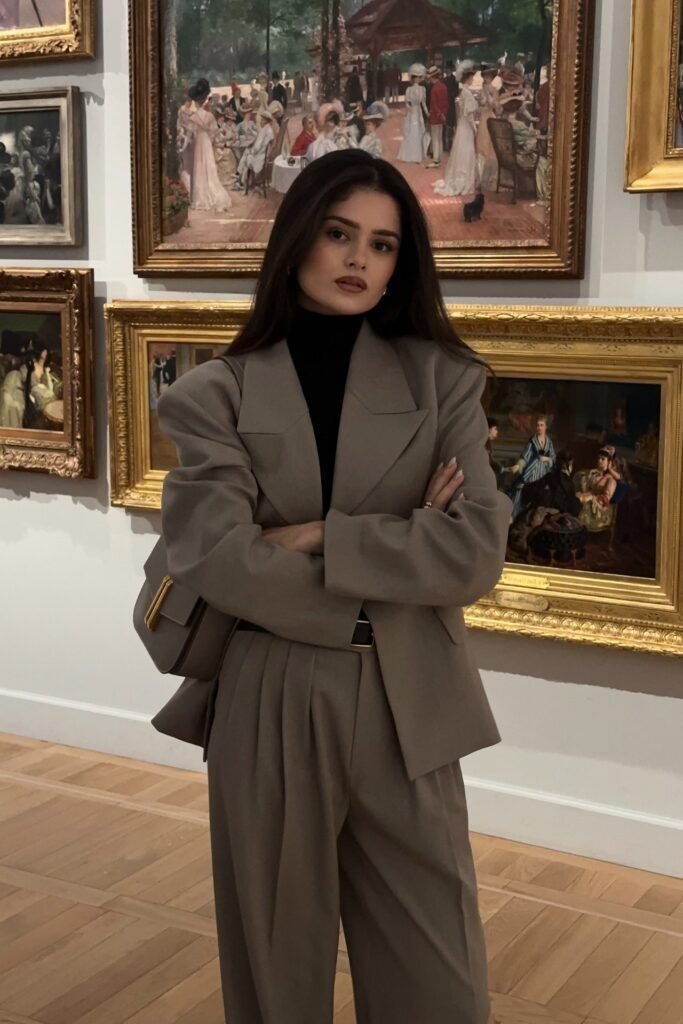 Taupe Oversized Blazer Suit + Black Turtleneck + Matching Taupe Handbag