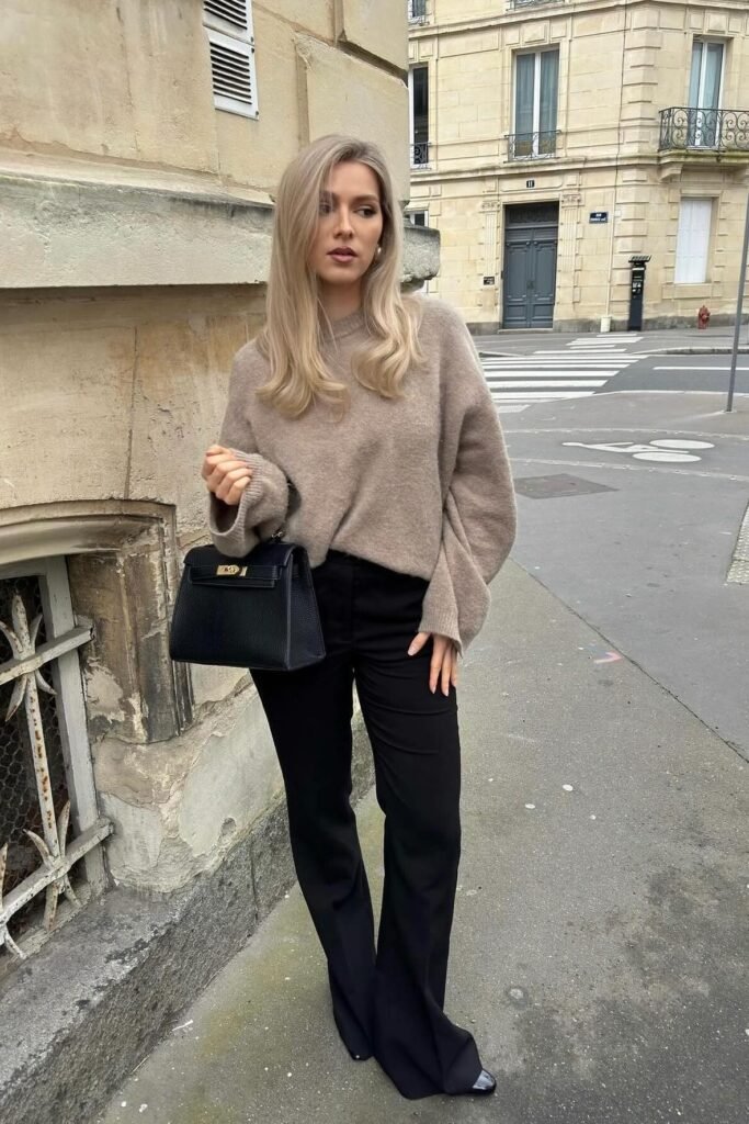 Taupe Oversized Sweater + Black Wide Leg Trousers + Black Pointed Boots