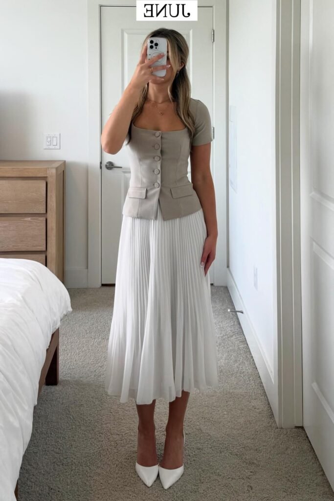 Taupe Square-Neck Button-Up Vest Top + White Pleated Midi Skirt + White Pointed-Toe Heels