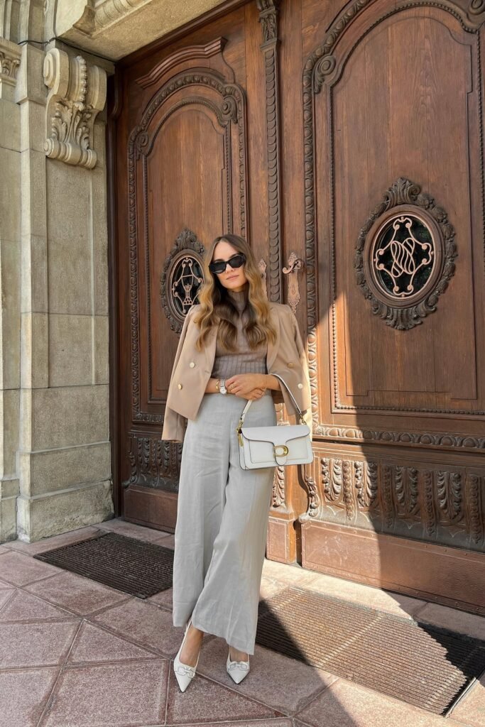 Taupe Turtleneck Top + Beige Blazer + Grey Wide Leg Trousers + White Pointed Toe Heels