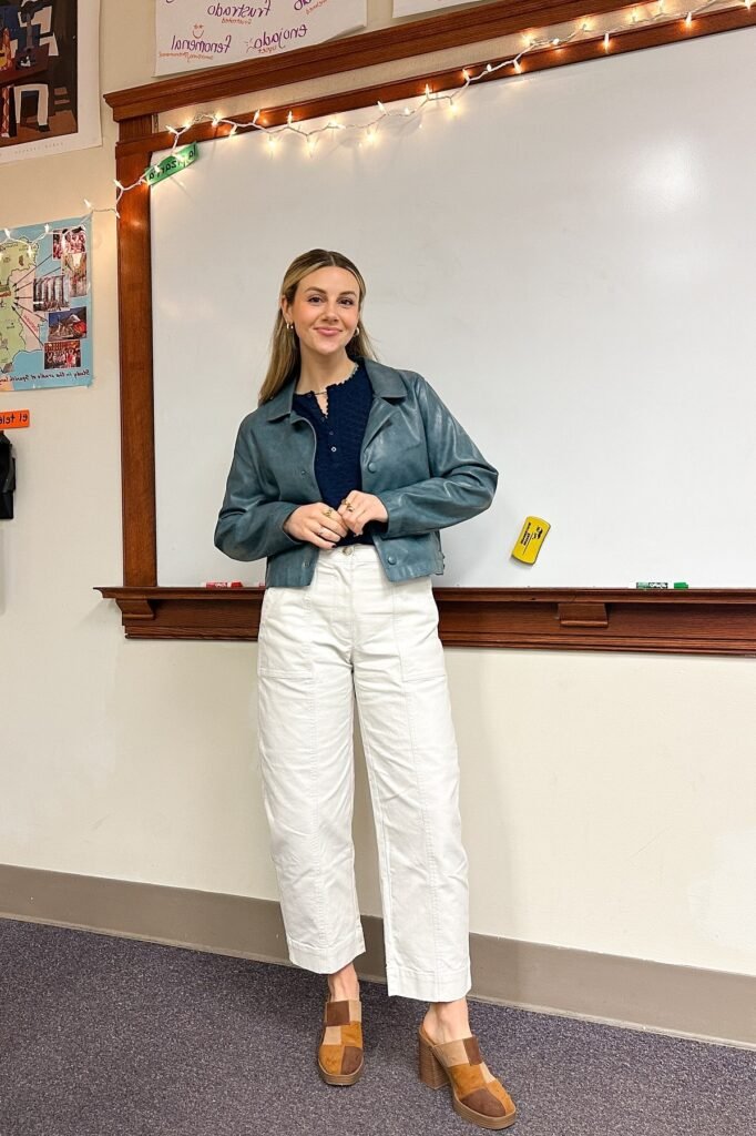 Teal Leather Jacket + Navy Knit Top + White High-Waist Trousers + Patchwork Platform Mules