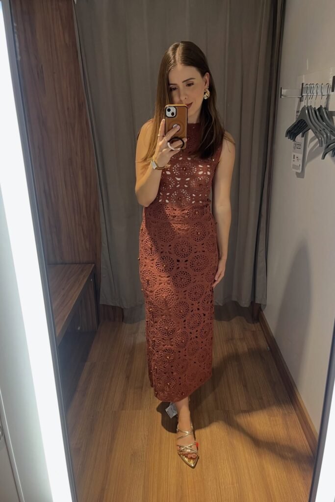 Terracotta Sleeveless Crochet Lace Maxi Dress + Gold Strappy Sandals