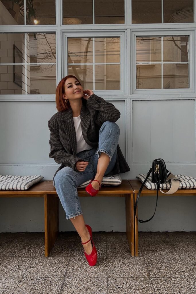 Textured Brown Blazer + Cropped Blue Jeans + Red Patent Leather Mary Janes