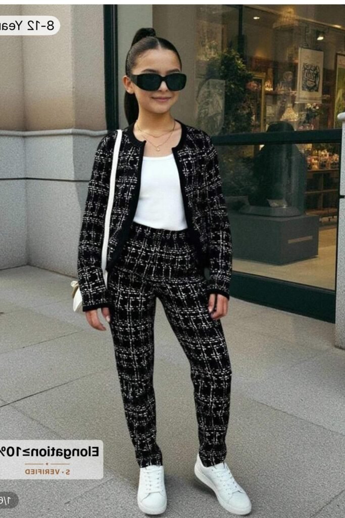 Tweed Pattern Cardigan + Matching Tweed Trousers + White Sneakers