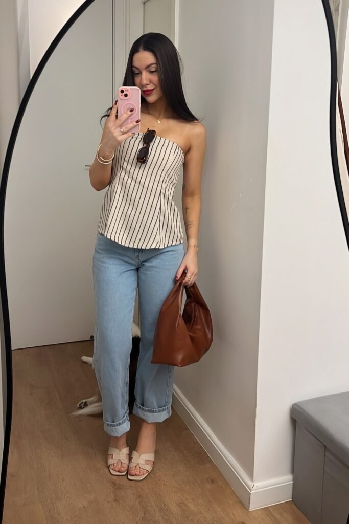 Vertical Striped Tube Top + Cuffed Light Wash Jeans + Beige Flat Sandals