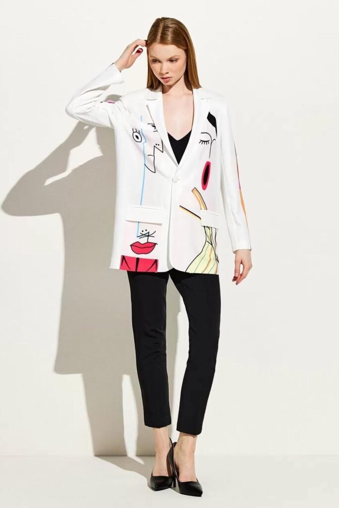 White Artistic Graphic Portrait Blazer + Black Slim-Fit Trousers + Black Pointed-Toe Heels