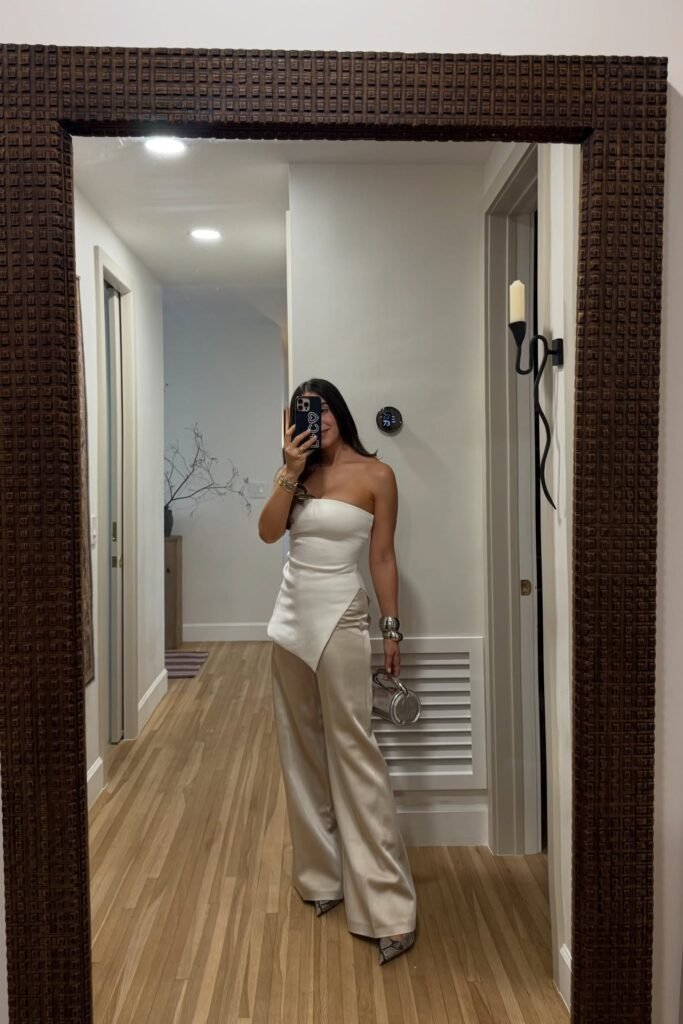 White Asymmetrical Strapless Top + Champagne Satin Trousers + Snakeskin Heels