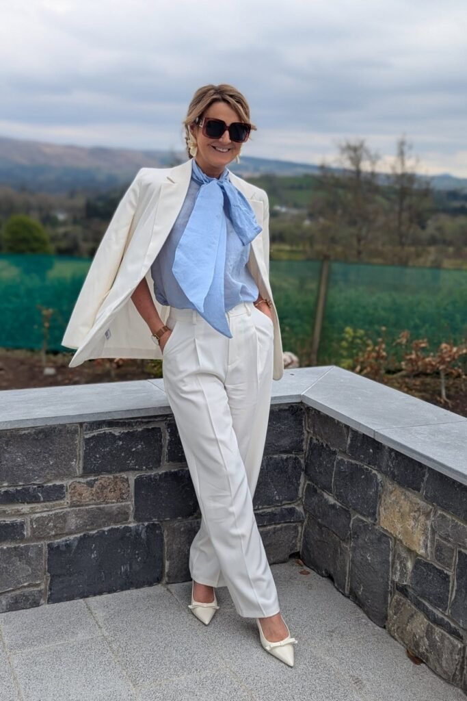 White Blazer & Blue Pussy Bow Blouse + White Pleated Trousers + Cream Bow Heels