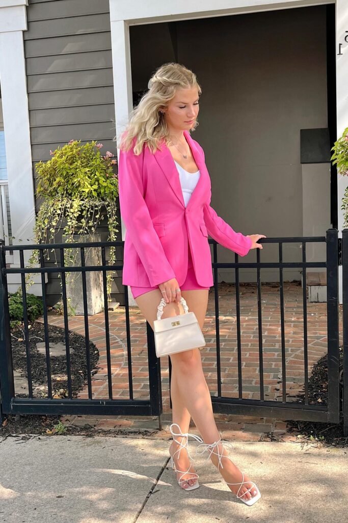 White Bodysuit + Bright Pink Blazer and Shorts Set + White Lace Up Heeled Sandals