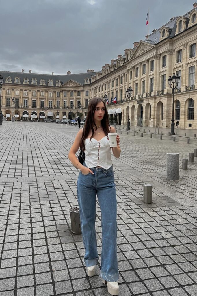 White Bustier Corset Top + Medium Wash Wide Leg Jeans + White Platform Heels