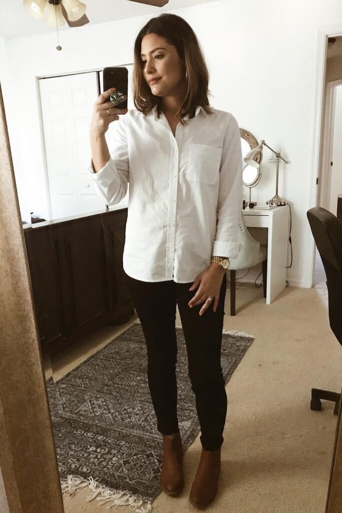 White Button-Down Shirt + Black Skinny Jeans + Brown Leather Ankle Boots