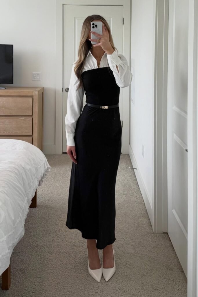 White Button-Down Shirt + Black Strapless Maxi Dress + Thin Black Belt + White Pointed Pumps
