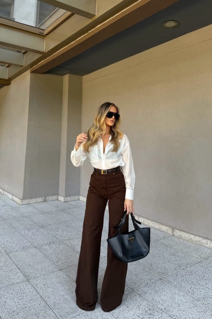 White Button Down Shirt + Brown Wide Leg Trousers + Black Leather Belt + Black Oversized Tote