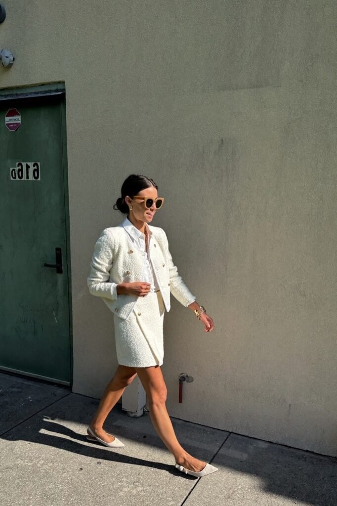 White Button Down Shirt + Cream Bouclé Blazer + Matching Cream Mini Skirt + Pointed Toe Cream Slingbacks