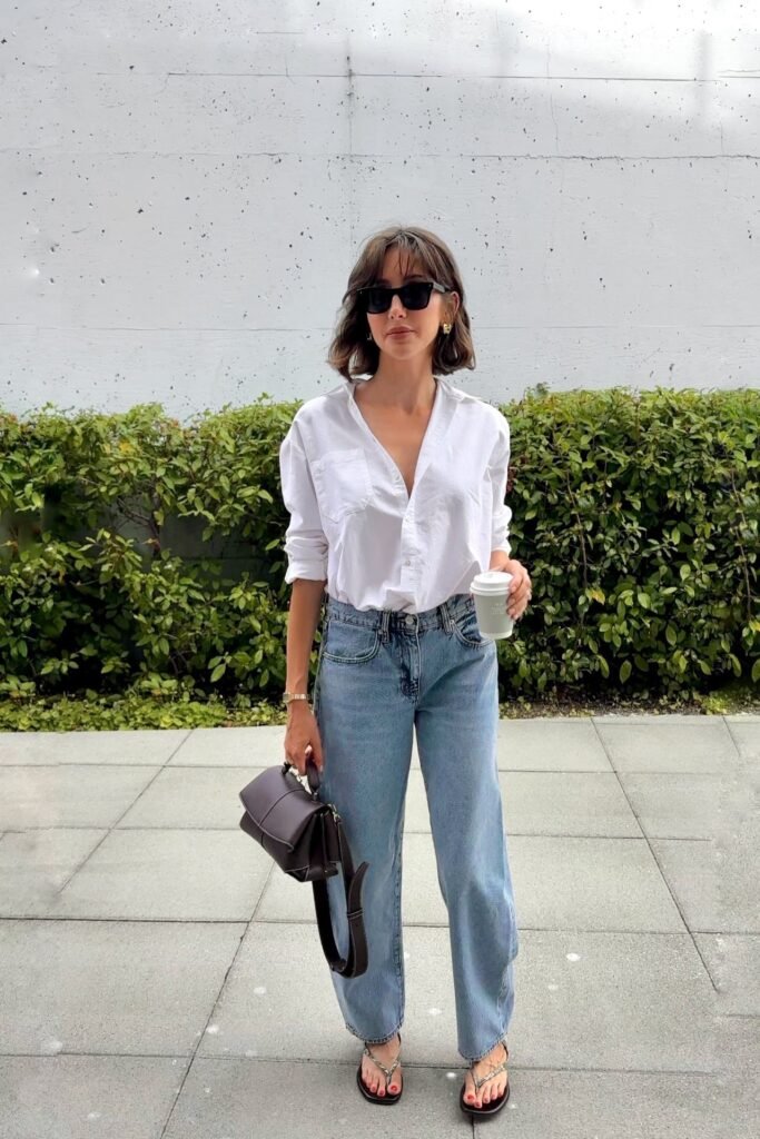 White Button-Down Shirt + Light Wash Straight Jeans + Black Thong Sandals