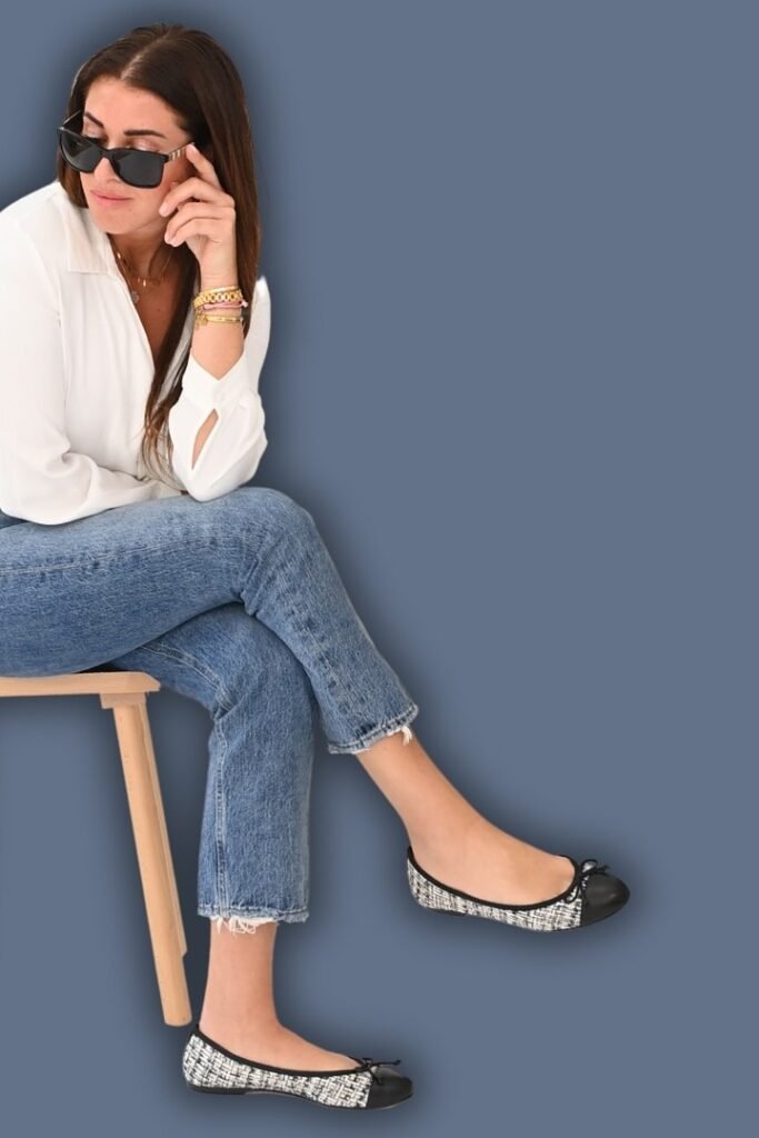 White Button Down Shirt + Medium Wash Frayed Hem Jeans + Patterned Tweed Ballet Flats